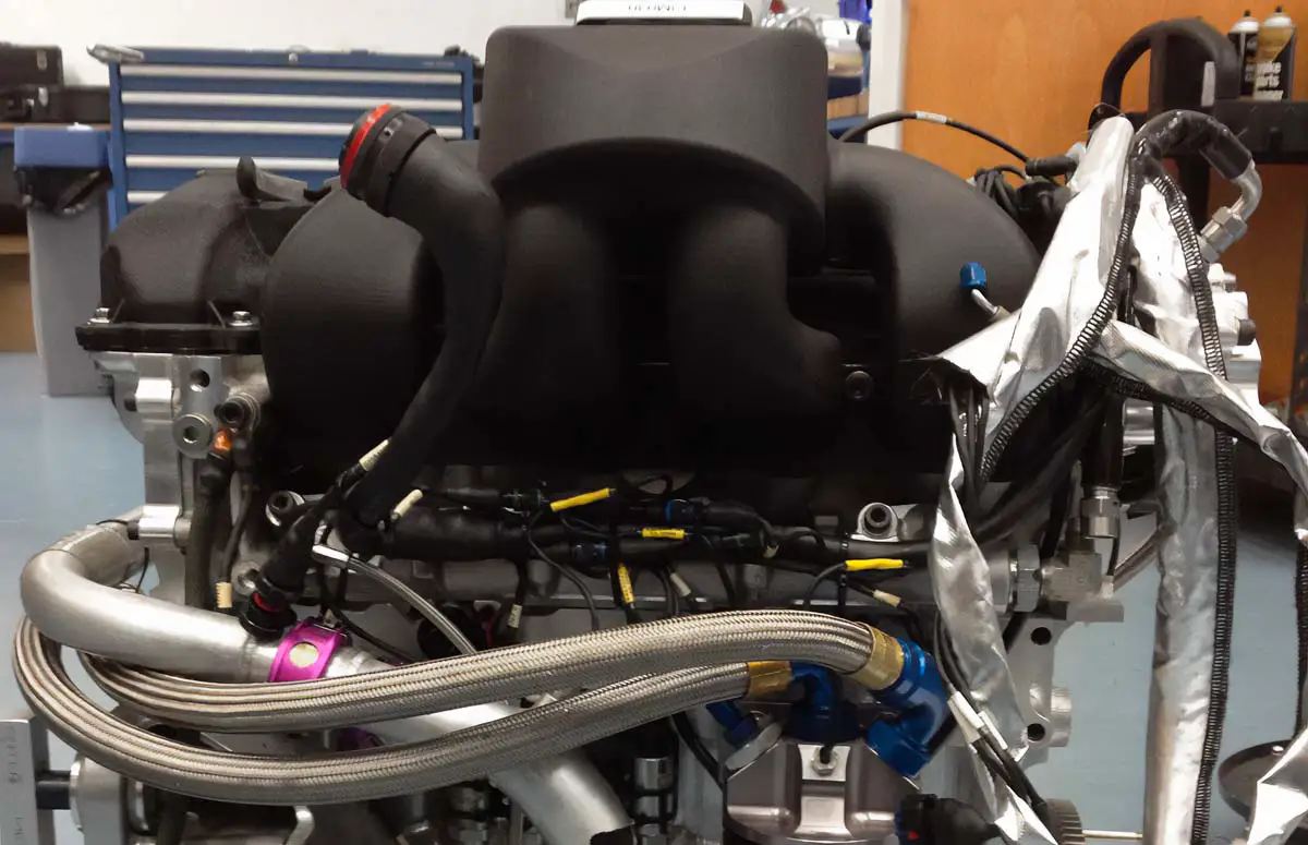 The 3D printed intake manifold in Windform SP mounted on engine